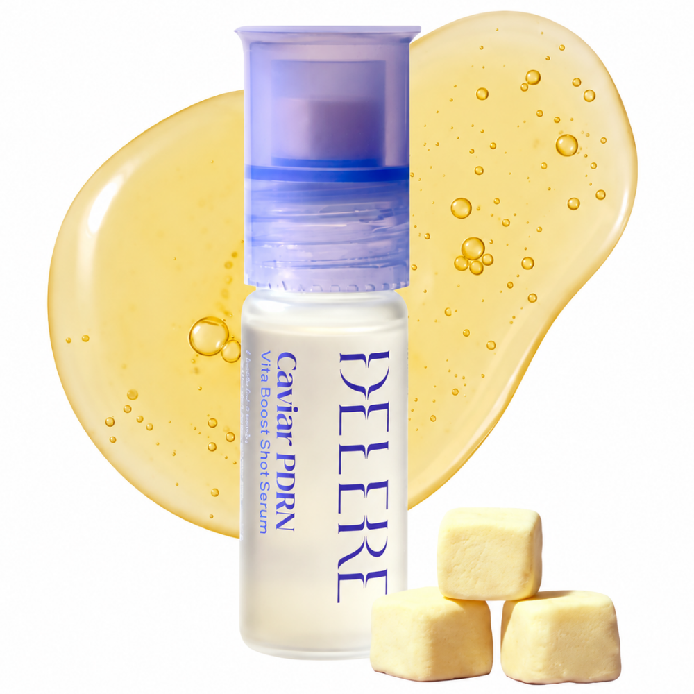 Delere Caviar PDRN Vita Boost Shot Serum - kawiorowy zastrzyk blasku DELERE Caviar PDRN Vita Boost Shot Serum - pojedyncza kuracja z PDRN i aktywowaną witaminą C na tle złocistej konsystencji serum i liofilizowanych kapsułek.
