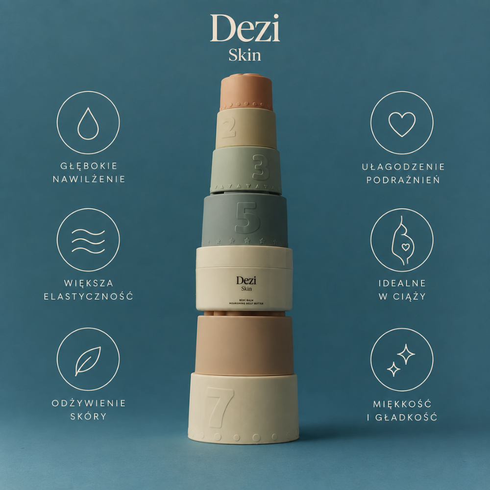 Dezi Skin Bebe Balm - odżywcze masło do ciała i brzucha (3) Dezi Skin Bebé Balm - korzyści stosowania: głębokie nawilżenie, większa elastyczność, odżywienie, ukojenie oraz miękkość i gładkość skóry.