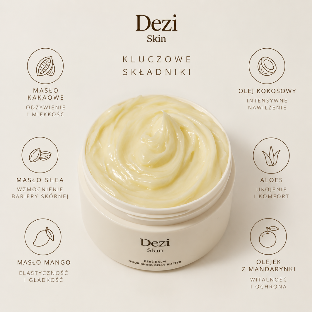 Dezi Skin Bebe Balm - odżywcze masło do ciała i brzucha (5) Dezi Skin Bebé Balm - kluczowe składniki: masło kakaowe, masło shea, masło mango, olej kokosowy, aloes i olejek z mandarynki wspierające odżywienie, nawilżenie i komfort skóry.
