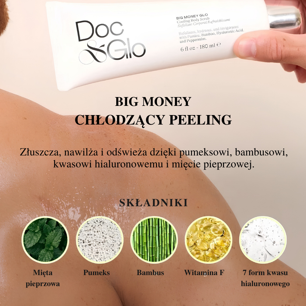 Doc & Glo Big Money Glo Doc & Glo Big Money Glo Cooling Body Scrub - chłodzący peeling do ciała z pumeksem, bambusem, witaminą F, miętą pieprzową i 7 formami kwasu hialuronowego.