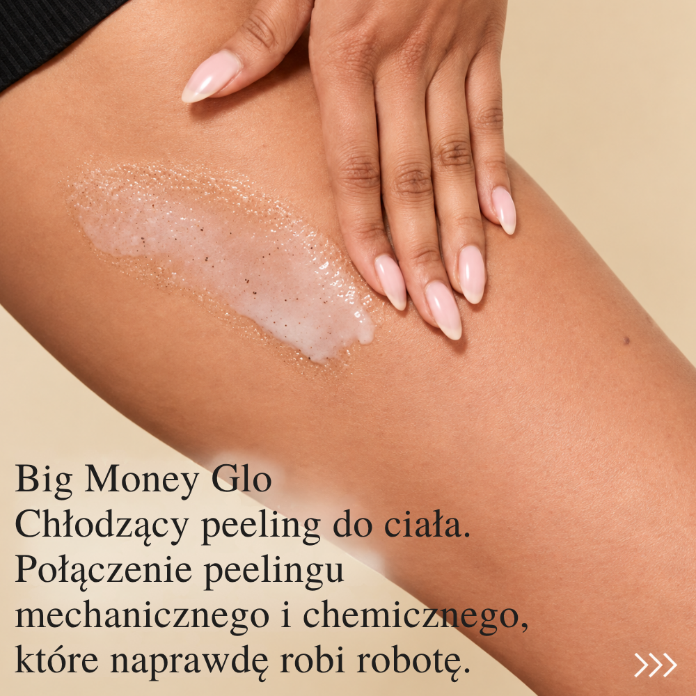Doc & Glo Big Money Glo (3) Doc & Glo Big Money Glo Cooling Body Scrub - chłodzący peeling nakładany na skórę uda, łączący złuszczanie mechaniczne i chemiczne.