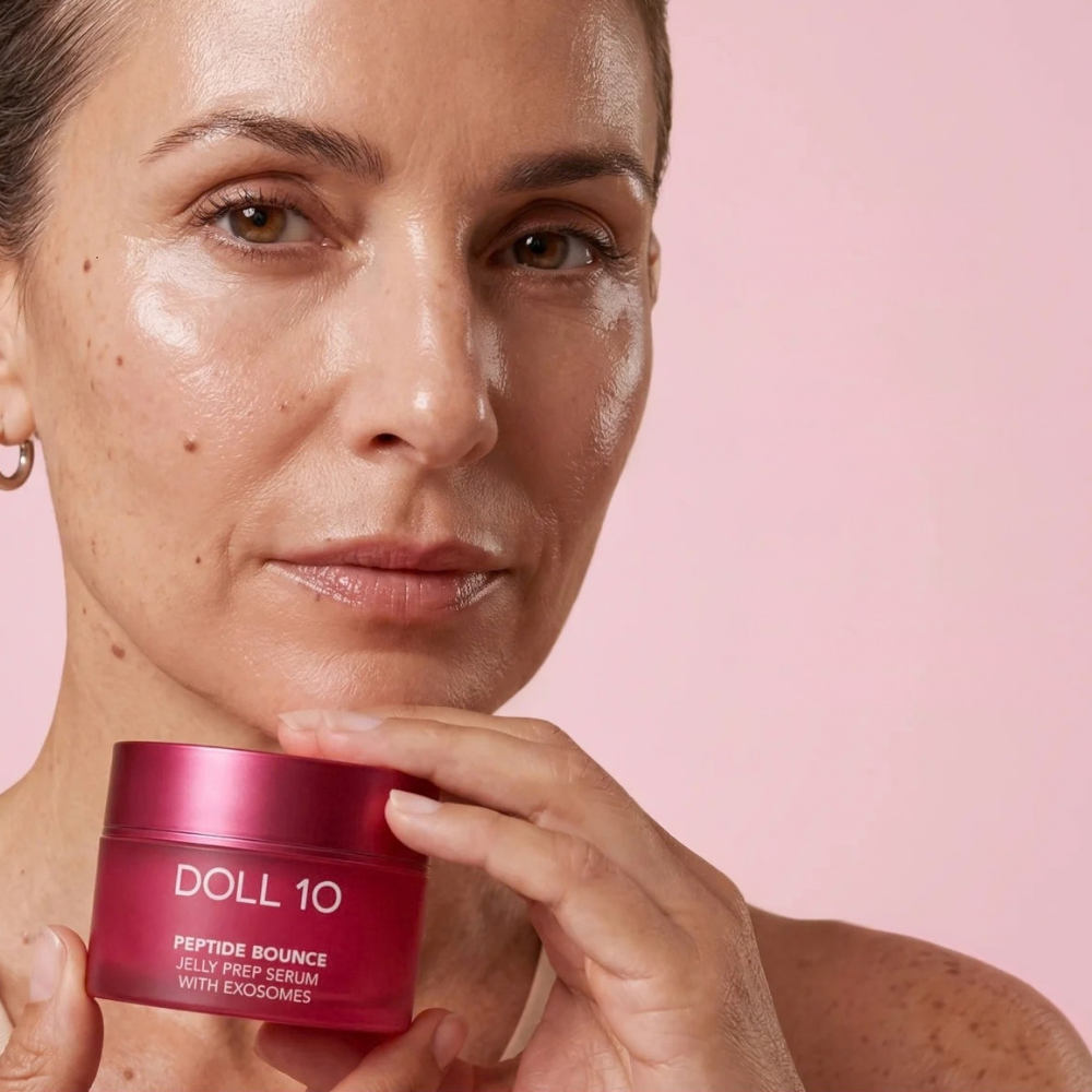 Doll 10 Peptide Bounce Jelly Prep Serum With Exosomes (2) xDoll 10 Peptide Bounce Jelly Prep Serum With Exosomes - modelka prezentująca peptydowe serum-żel z egzosomami w różowym słoiczku.