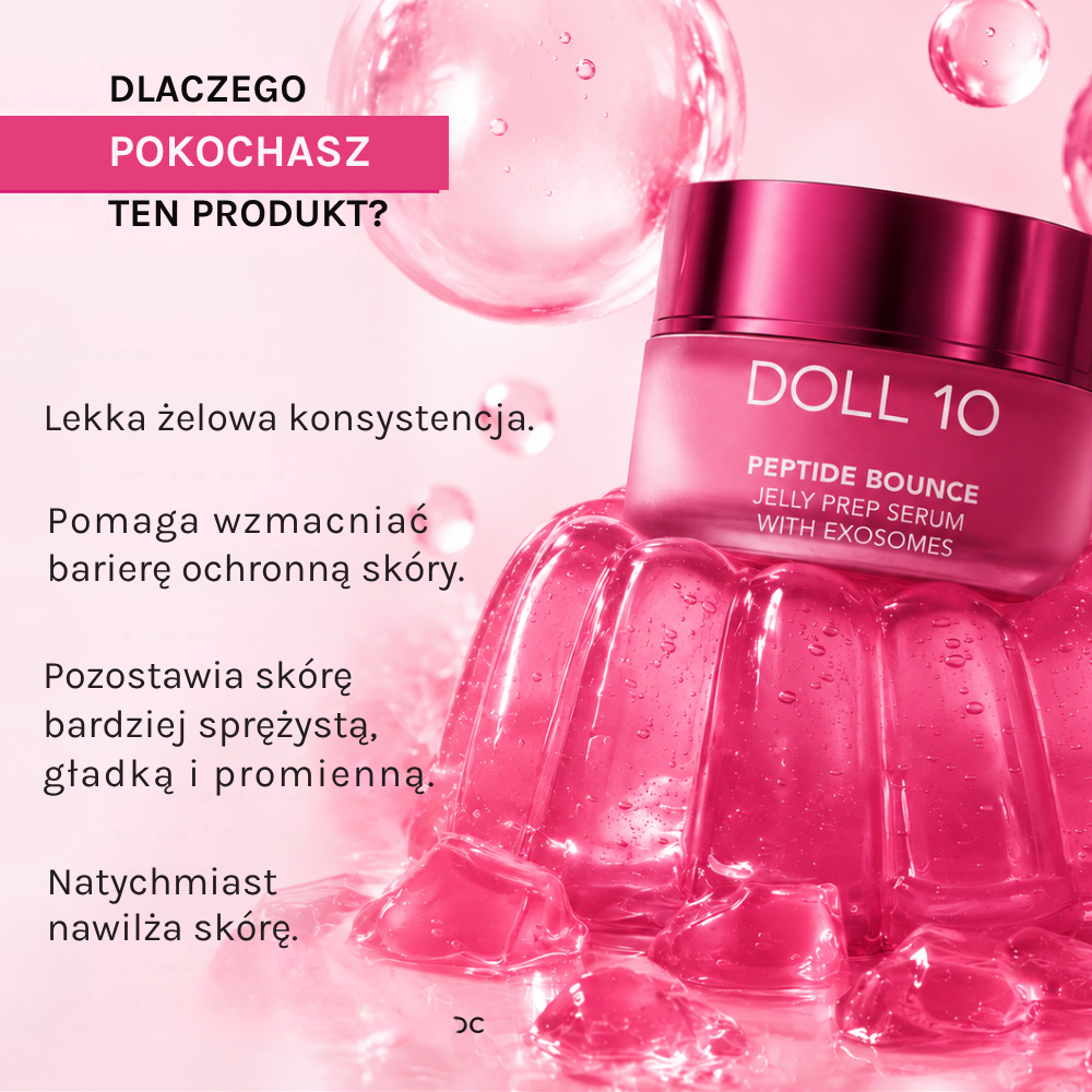 Doll 10 Peptide Bounce Jelly Prep Serum With Exosomes (4) Doll 10 Peptide Bounce Jelly Prep Serum With Exosomes - lekkie serum o żelowej konsystencji, które intensywnie nawilża, wspiera barierę ochronną i pozostawia skórę gładką, sprężystą i promienną.