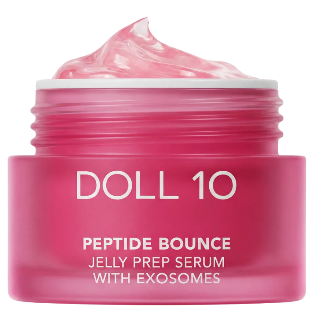 Doll 10 Peptide Bounce Jelly Prep Serum With Exosomes Doll 10 Peptide Bounce Jelly Prep Serum With Exosomes - otwarty słoiczek z różową, sprężystą żelową konsystencją serum do twarzy.