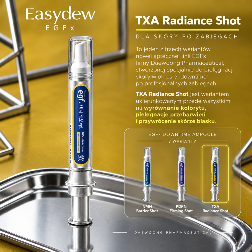 Easydew EGFx TXA Radiance Shot - równy koloryt i promienna skóra po zabiegach Grafika 3 - linia EGFx: Easydew EGFx TXA Radiance Shot - żółty wariant aptecznej linii EGFx Downtime Ampoule do pielęgnacji skóry po profesjonalnych zabiegach, ukierunkowany na nierówny koloryt, przebarwienia i promienny wygląd skóry.