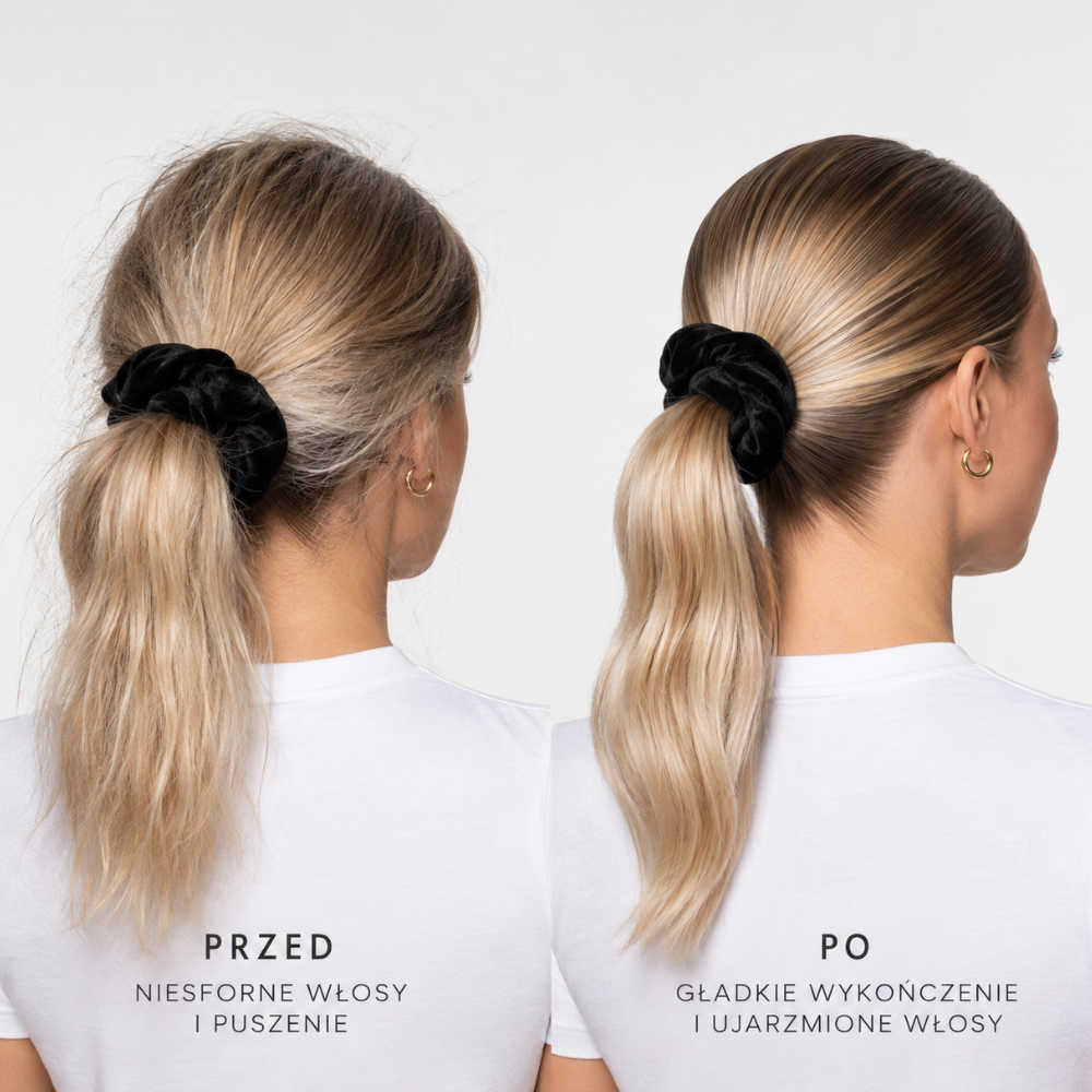 Emi Jay Hair Smoothing Balm - pogromca niesfornych kosmyków (5) Emi Jay Angelstick Hair Styling Stick - efekt przed i po: wygładzenie puszących się i niesfornych włosów oraz gładki, dopracowany kucyk bez odstających kosmyków.