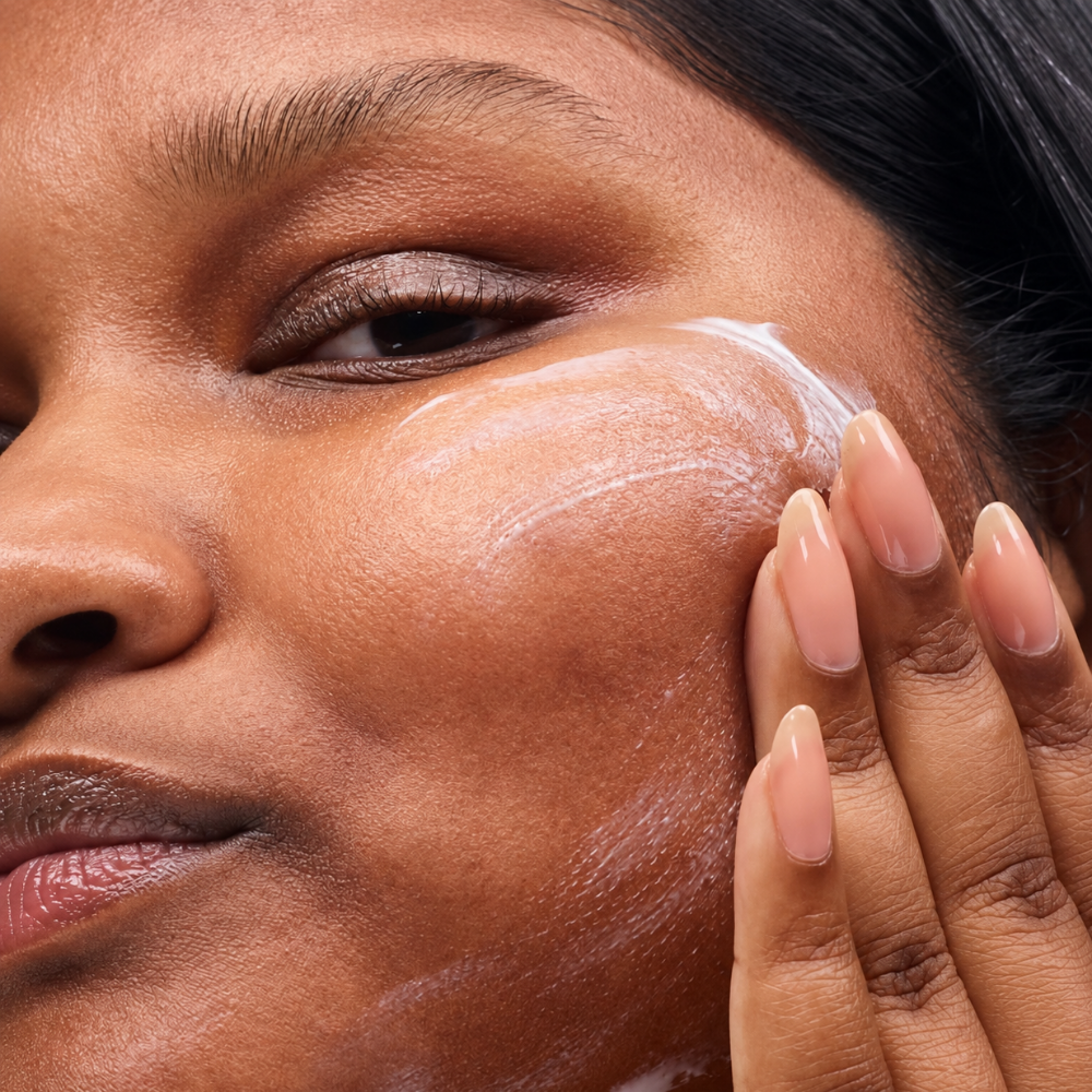 Glossier Priming Moisturizer Rich - otulający sekret gładkiej cery (3) Glossier Priming Moisturizer Rich - zbliżenie na aplikację bogatego kremu na policzek, ukazujące jego otulającą konsystencję i świetliste wykończenie skóry.