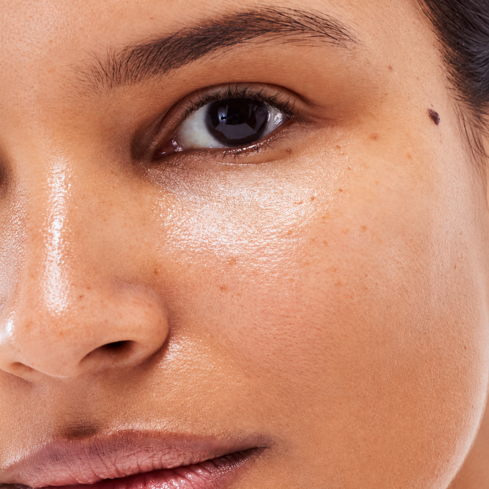 Glossier Priming Moisturizer Rich - otulający sekret gładkiej cery (5) Glossier Priming Moisturizer Rich - zbliżenie na gładką, naturalnie świetlistą cerę po aplikacji bogatego kremu nawilżającego.