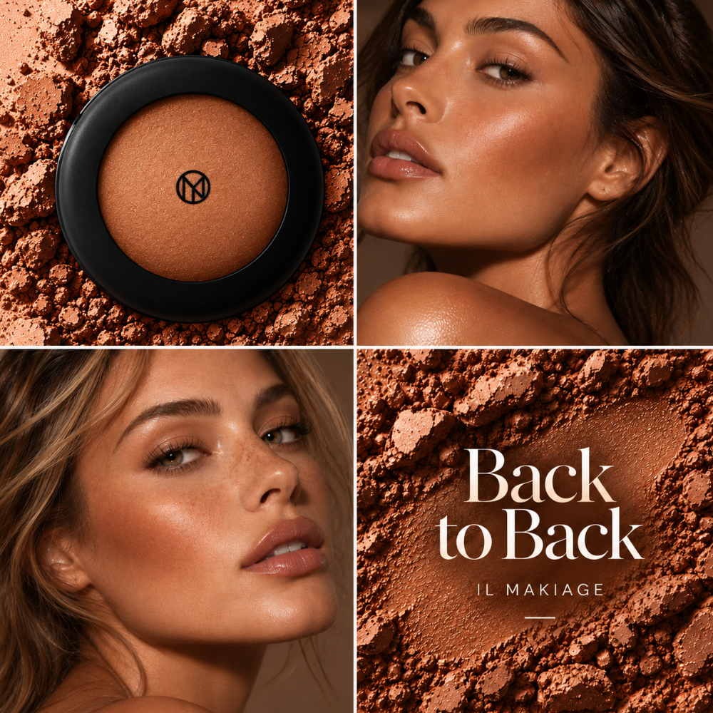 IL MAKIAGE Mineral Baked Bronzer - mineralny wypiek słońca IL MAKIAGE Mineral Baked Bronzer w odcieniu Back to Back - kolaż z bronzerem w czarnym opakowaniu, rozkruszonym brązowym pigmentem oraz twarzami kobiet z ciepłym, promiennym makijażem i efektem skóry muśniętej słońcem.