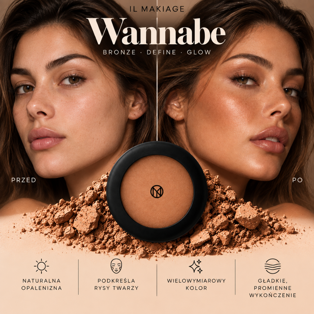 IL MAKIAGE Mineral Baked Bronzer - mineralny wypiek słońca (2) IL MAKIAGE Mineral Baked Bronzer w odcieniu Wannabe - porównanie efektu przed i po aplikacji bronzera, pokazujące naturalne ocieplenie cery, subtelne podkreślenie rysów twarzy i promienne wykończenie, z produktem na tle rozkruszonego pigmentu.