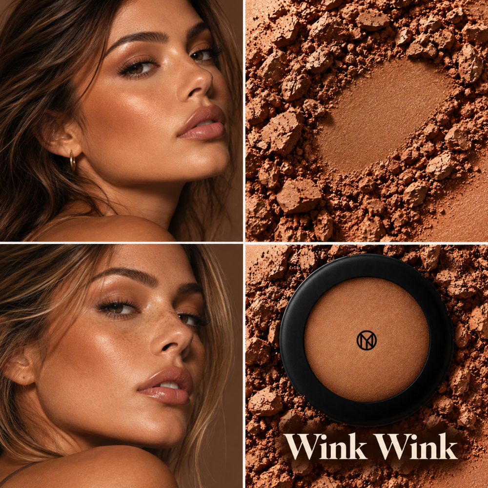 IL MAKIAGE Mineral Baked Bronzer - mineralny wypiek słońca (2) IL MAKIAGE Mineral Baked Bronzer w odcieniu Wink Wink - kolaż z bronzerem w czarnym opakowaniu, rozkruszonym pigmentem w ciepłej brązowej tonacji oraz twarzami kobiet z mocniej ocieplonym, promiennym makijażem i efektem skóry muśniętej słońcem.