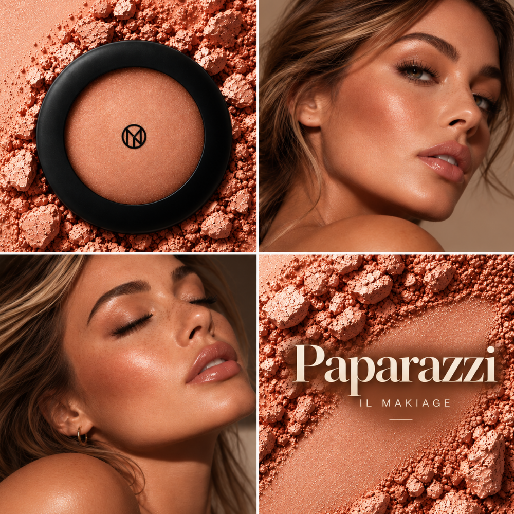 IL MAKIAGE Mineral Baked Bronzer - mineralny wypiek słońca (2) IL MAKIAGE Mineral Baked Bronzer w odcieniu Paparazzi - kolaż z bronzerem w czarnym opakowaniu, rozkruszonym pigmentem w brzoskwiniowo-brązowej tonacji oraz twarzami kobiet z ciepłym, promiennym makijażem i efektem skóry muśniętej słońcem.