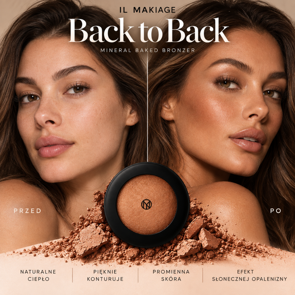 IL MAKIAGE Mineral Baked Bronzer - mineralny wypiek słońca (3) IL MAKIAGE Mineral Baked Bronzer w odcieniu Back to Back - porównanie efektu przed i po aplikacji bronzera, z ciepłym, słonecznie opalonym wykończeniem, podkreśleniem rysów twarzy oraz produktem w czarnym opakowaniu na tle rozkruszonego pigmentu.