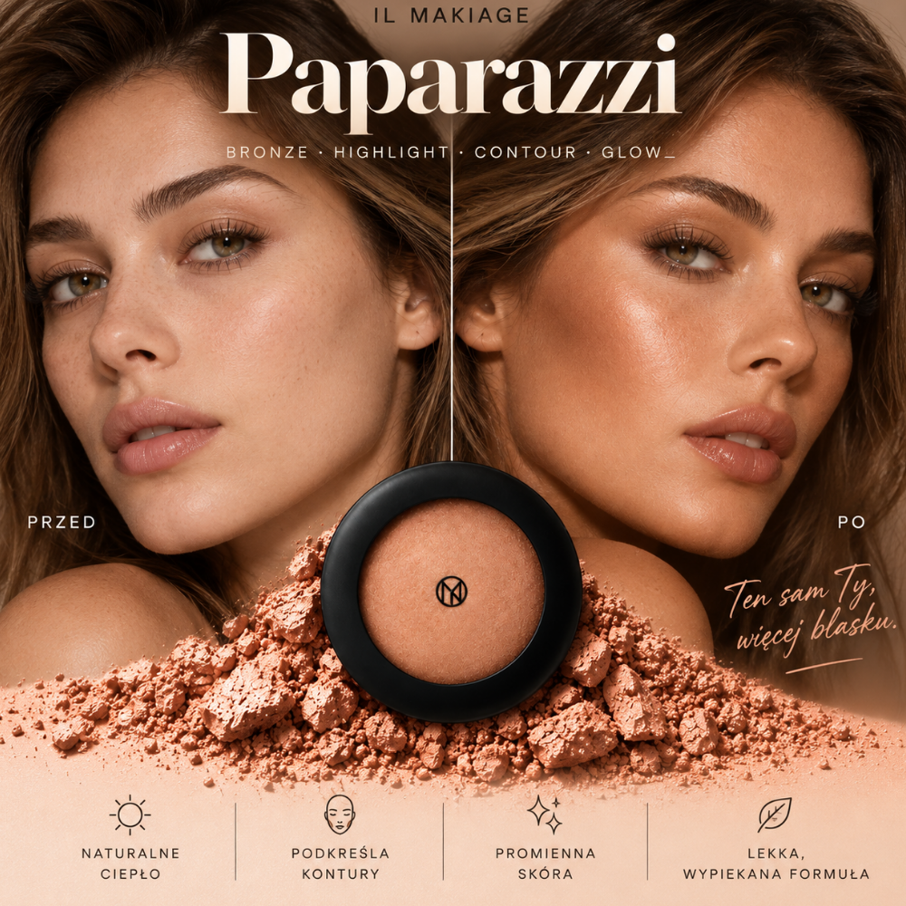 IL MAKIAGE Mineral Baked Bronzer - mineralny wypiek słońca (3) IL MAKIAGE Mineral Baked Bronzer w odcieniu Paparazzi - porównanie twarzy przed i po aplikacji bronzera, pokazujące ciepłe, promienne wykończenie i efekt skóry muśniętej słońcem, z produktem na tle rozkruszonego pigmentu.