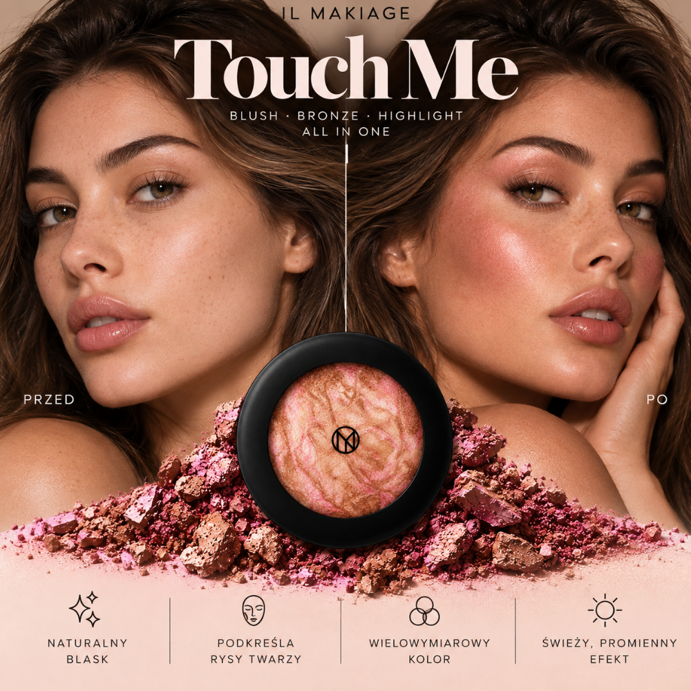 IL MAKIAGE Mineral Baked Bronzer - mineralny wypiek słońca (3) IL MAKIAGE Mineral Baked Bronzer w odcieniu Touch Me - porównanie efektu przed i po aplikacji, pokazujące ciepły różowo-brązowy blask, podkreślenie rysów twarzy i promienne wykończenie, z produktem na tle rozkruszonego pigmentu.