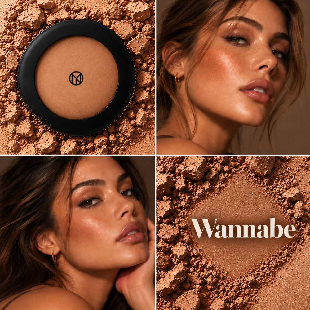 IL MAKIAGE Mineral Baked Bronzer - mineralny wypiek słońca (3) IL MAKIAGE Mineral Baked Bronzer w odcieniu Wannabe - kolaż z bronzerem w czarnym opakowaniu, rozkruszonym pigmentem w ciepłej brązowo-brzoskwiniowej tonacji oraz twarzami kobiet z promiennym, słonecznie ocieplonym makijażem.