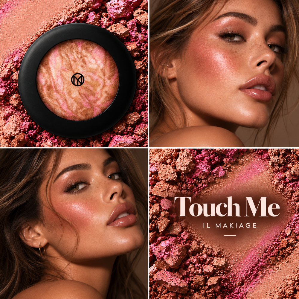 IL MAKIAGE Mineral Baked Bronzer - mineralny wypiek słońca (3) IL MAKIAGE Mineral Baked Bronzer w odcieniu Touch Me - kolaż z marmurkowym bronzerem w różowo-brązowo-złotej tonacji, rozkruszonym pigmentem oraz twarzami kobiet z promiennym, ciepłym makijażem i efektem skóry muśniętej słońcem.