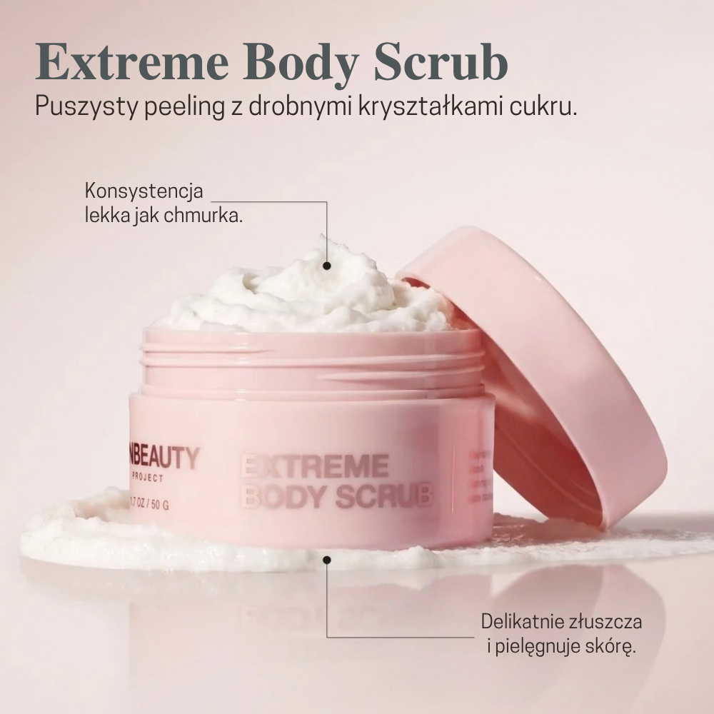 INNBEAUTY PROJECT Extreme Body Scrub (2) INNBEAUTY PROJECT Extreme Body Scrub - peeling do ciała w różowym słoiczku, przeznaczony do wygładzania i pielęgnacji skóry ciała.