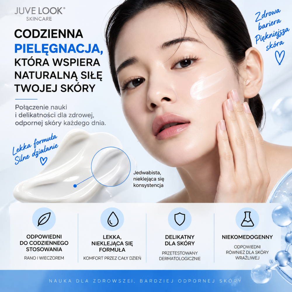 Juvelook PDLLA Protecting Cream - peptydowy krem do twarzy (4) Juvelook PDLLA Protecting Cream - modelka aplikująca krem na policzek, z informacją o lekkiej, nieklejącej formule odpowiedniej do codziennej pielęgnacji i skóry wrażliwej.