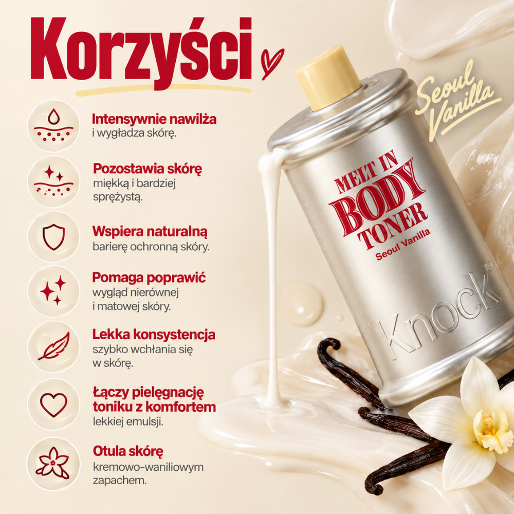Knock Seoul Vanilla Melt In Body Toner (4) Korzyści Knock Seoul Vanilla Melt In Body Toner - nawilżenie, wygładzenie, miękkość, wsparcie bariery ochronnej i pielęgnacja nierównej, matowej skóry.