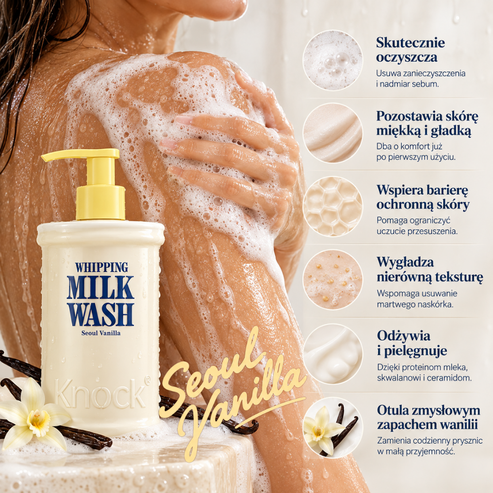 Knock Seul Vanilla Whipping Milk Wash (2) Knock Whipping Milk Wash Seoul Vanilla - puszysta pianka do mycia ciała podczas aplikacji, z waniliową kompozycją i właściwościami oczyszczającymi, wygładzającymi oraz pielęgnującymi skórę.