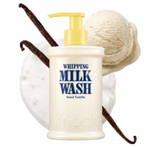 Knock Whipping Milk Wash Seoul Vanilla - pianka do mycia ciała w kremowym opakowaniu z wanilią, mleczną pianą i waniliowymi lodami.