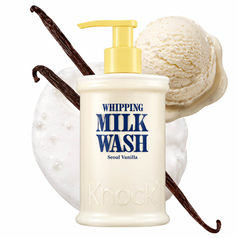 Knock Seul Vanilla Whipping Milk Wash Knock Whipping Milk Wash Seoul Vanilla - pianka do mycia ciała w kremowym opakowaniu z wanilią, mleczną pianą i waniliowymi lodami.