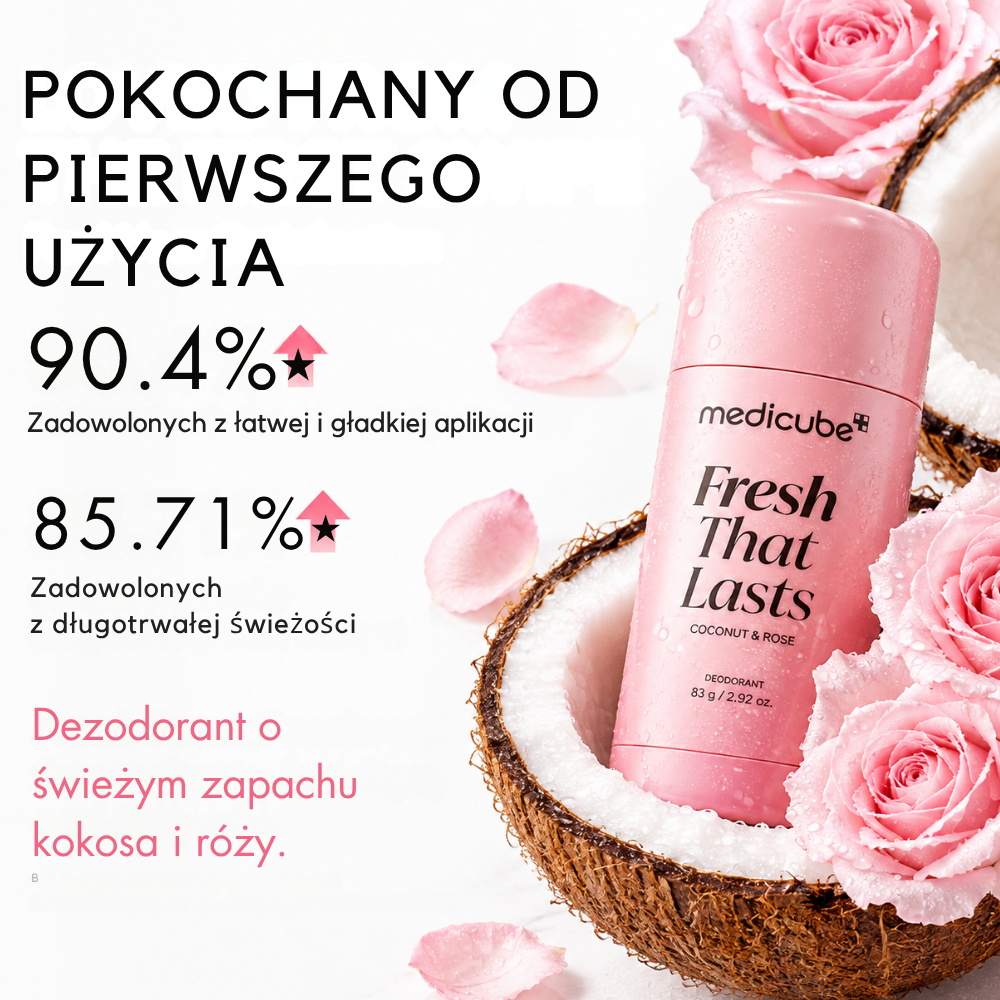Medicube Fresh That Lasts Deodorant (3) Grafika reklamowa przedstawiająca różowy dezodorant Medicube „Fresh That Lasts” o zapachu kokosa i róży, umieszczony w połówce kokosa oraz otoczony różowymi różami i płatkami. Po lewej stronie widnieje tekst: „Pokochany od pierwszego użycia”, „90.4% zadowolonych z łatwej i gładkiej aplikacji” oraz „85.71% zadowolonych z długotrwałej świeżości”. Na dole napis: „Dezodorant o świeżym zapachu kokosa i róży”.