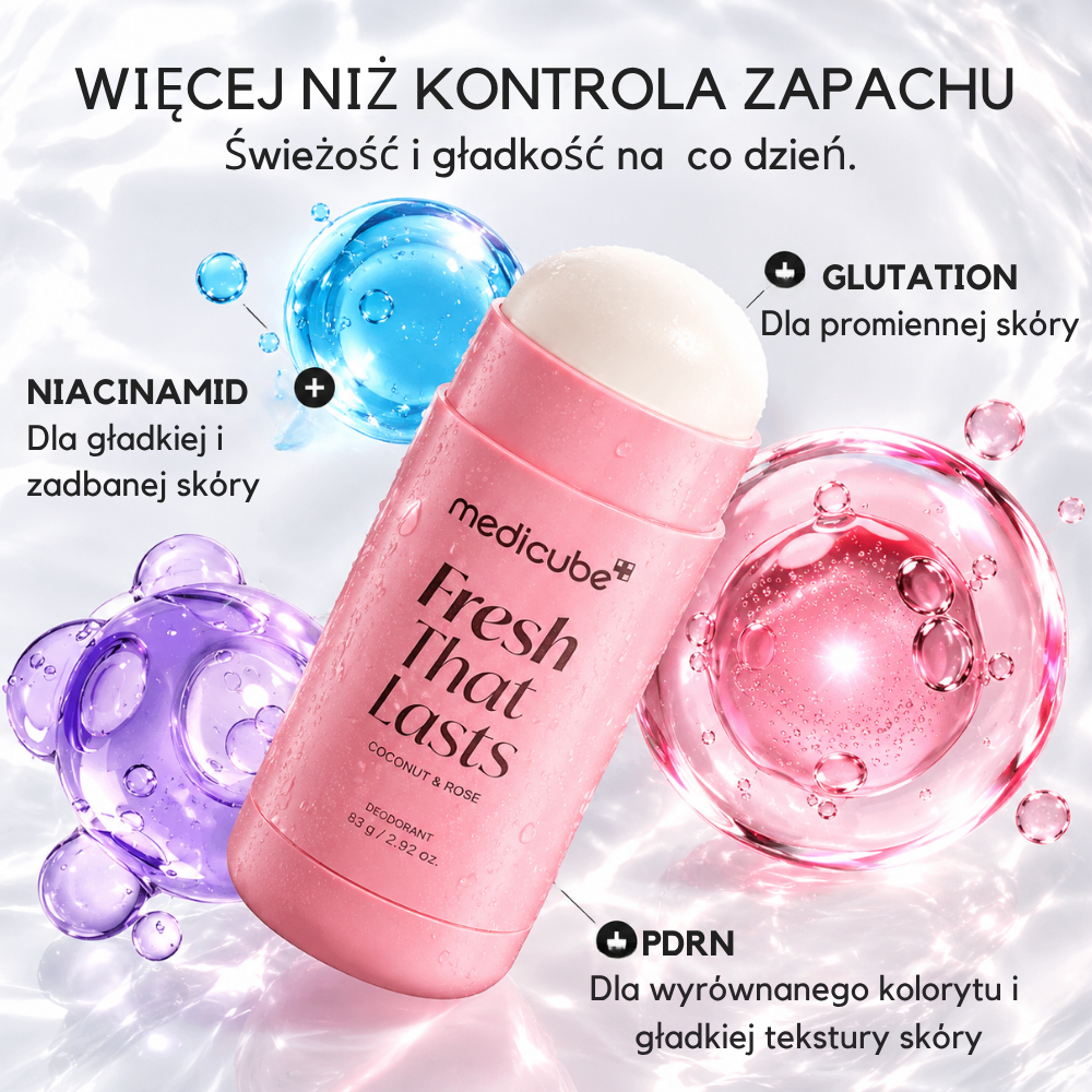 Medicube Fresh That Lasts Deodorant (4) Grafika reklamowa przedstawiająca różowy dezodorant Medicube „Fresh That Lasts” o zapachu kokosa i róży, wraz z informacją o zawartych w nim składnikach.