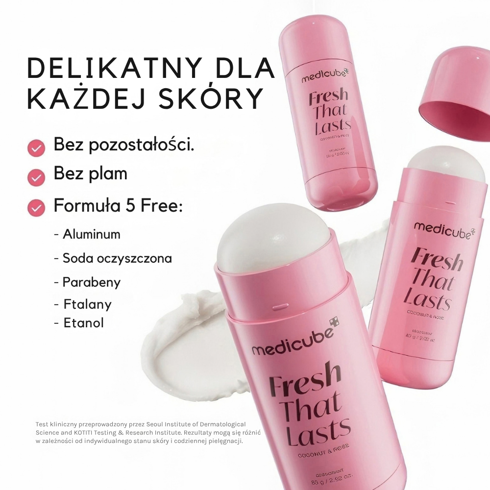Medicube Fresh That Lasts Deodorant (5) Grafika reklamowa przedstawiająca różowy dezodorant Medicube „Fresh That Lasts” o zapachu kokosa i róży. Widniejąca informacja - delikatny dla każdej skóry, bez pozostałosci, bez plam.