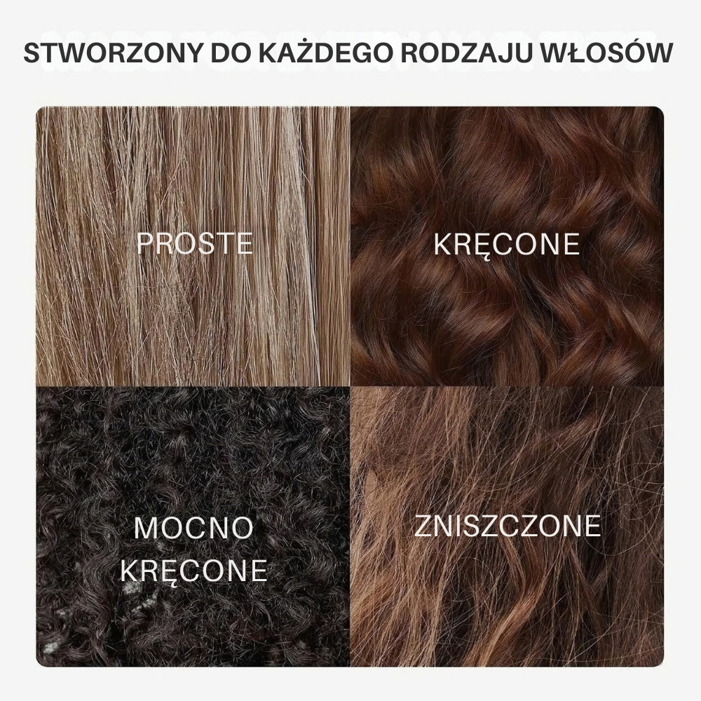 Medicube Rosemary PDRN Silk Hair Oil (2) Medicube Rosemary PDRN Silk Hair Oil - grafika przedstawiająca zastosowanie olejku do każdego rodzaju włosów: prostych, kręconych, mocno kręconych oraz zniszczonych.