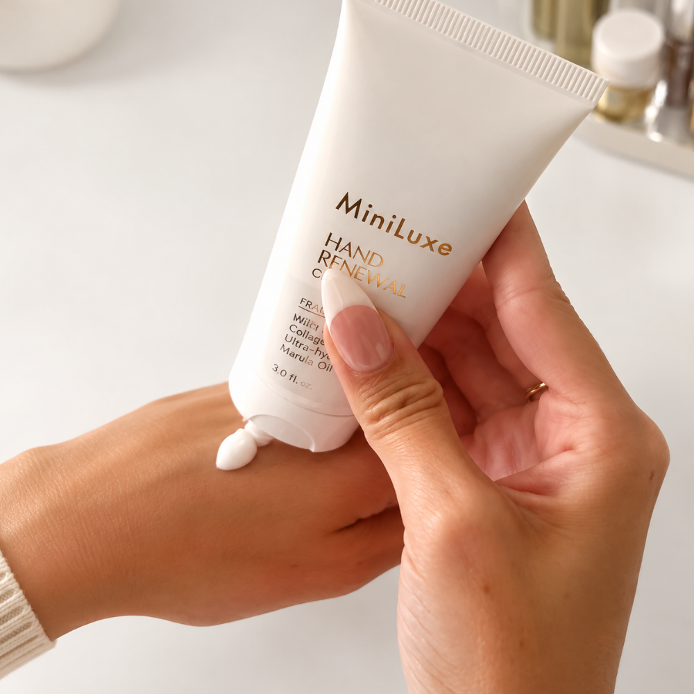 Mini Luxe Hand Renewal Cream - kaszmirowy dotyk (2) MiniLuxe Hand Renewal Cream - aplikacja kremu na grzbiet dłoni, nawilżająca pielęgnacja skóry rąk z kolagenem i olejem marula.