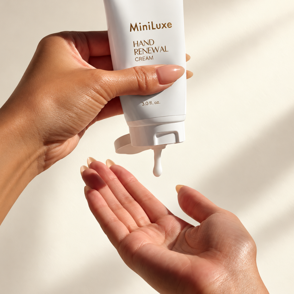 Mini Luxe Hand Renewal Cream - kaszmirowy dotyk (3) MiniLuxe Hand Renewal Cream - aplikacja kremu do rąk z tubki na dłoń, bezzapachowa formuła pielęgnacyjna z kolagenem i olejem marula.