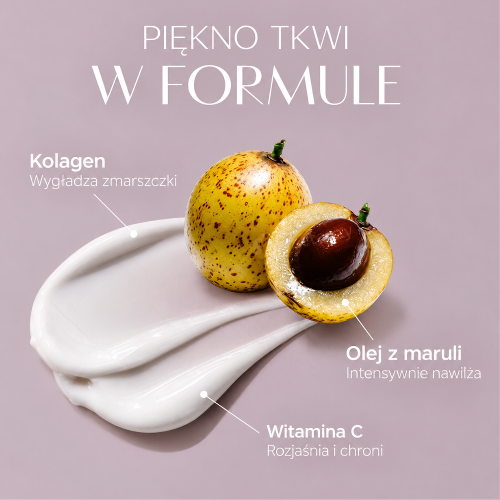 Mini Luxe Hand Renewal Cream - kaszmirowy dotyk (4) MiniLuxe Hand Renewal Cream - kluczowe składniki formuły: kolagen wygładzający zmarszczki, intensywnie nawilżający olej z maruli oraz witamina C wspierająca rozjaśnienie i ochronę skóry dłoni.