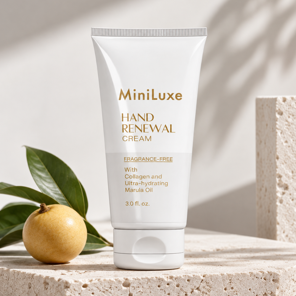 Mini Luxe Hand Renewal Cream - kaszmirowy dotyk MiniLuxe Hand Renewal Cream - bezzapachowy krem do rąk z kolagenem i olejem marula, przedstawiony na jasnym, minimalistycznym tle z owocem i zielonymi liśćmi.