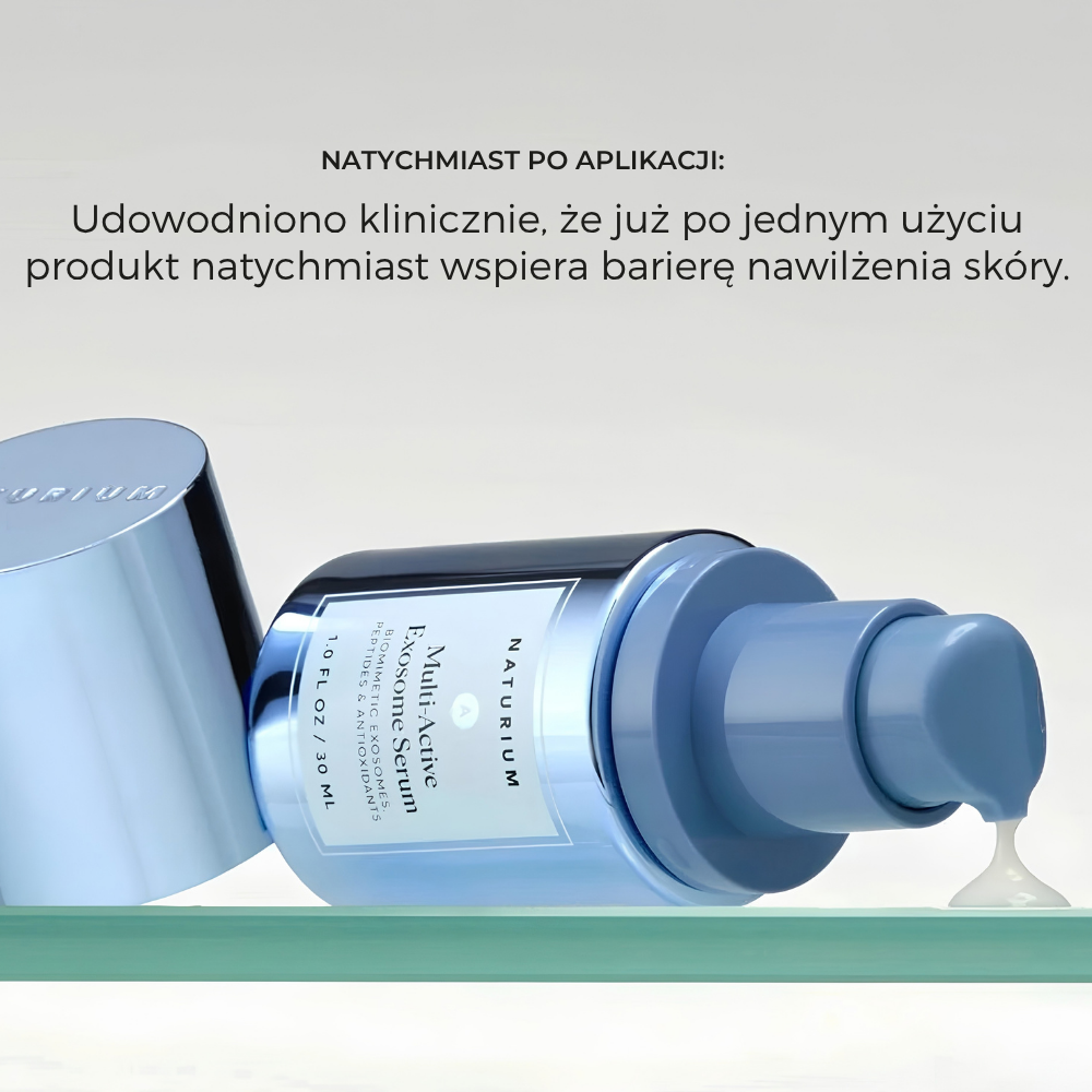 Naturium Multi Active Exosome Serum (3) Naturium Multi-Active Exosome Serum 30 ml z pompką - grafika informująca o klinicznie potwierdzonym wsparciu bariery nawilżenia skóry już po jednym użyciu.