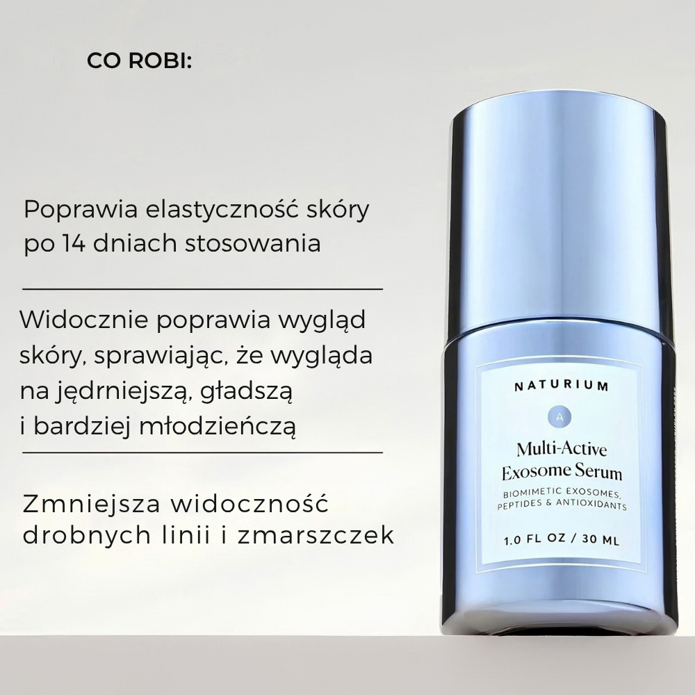 Naturium Multi Active Exosome Serum (4) Naturium Multi-Active Exosome Serum 30 ml - serum wspierające elastyczność i jędrniejszy wygląd skóry oraz pomagające zmniejszyć widoczność drobnych linii i zmarszczek.