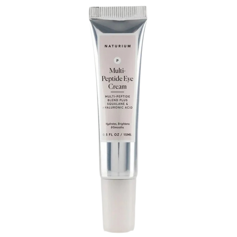 Naturium Multi-Peptide Eye Cream - intensywne wygładzenie okolic oczu Naturium Multi-Peptide Eye Cream 15 ml - wielopeptydowy krem pod oczy w srebrnej tubce na białym tle.