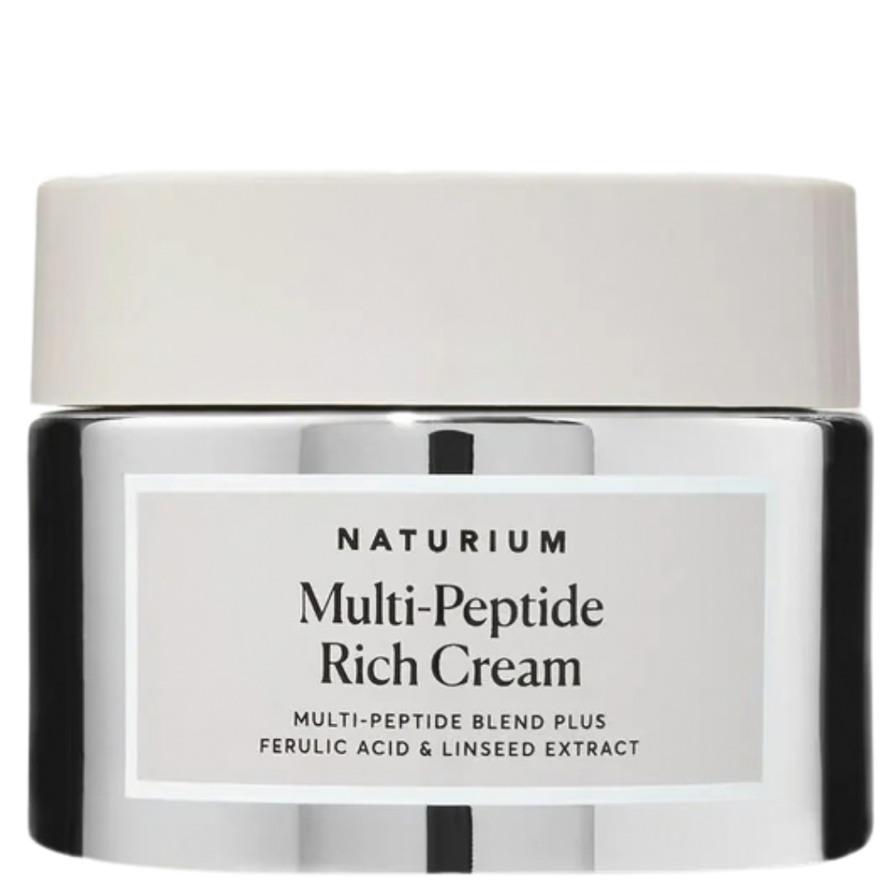 Naturium Multi Peptide Rich Cream - bogaty krem wielopeptydowy do twarzy Naturium Multi-Peptide Rich Cream - bogaty wielopeptydowy krem do twarzy w srebrnym słoiczku z jasną zakrętką.