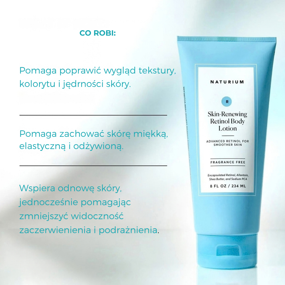 Naturium Skin Renewing Retinol Body Lotion (3) Naturium Skin-Renewing Retinol Body Lotion - balsam do ciała z retinolem wspierający wygładzenie tekstury, poprawę jędrności i kolorytu oraz miękkość i odnowę skóry.