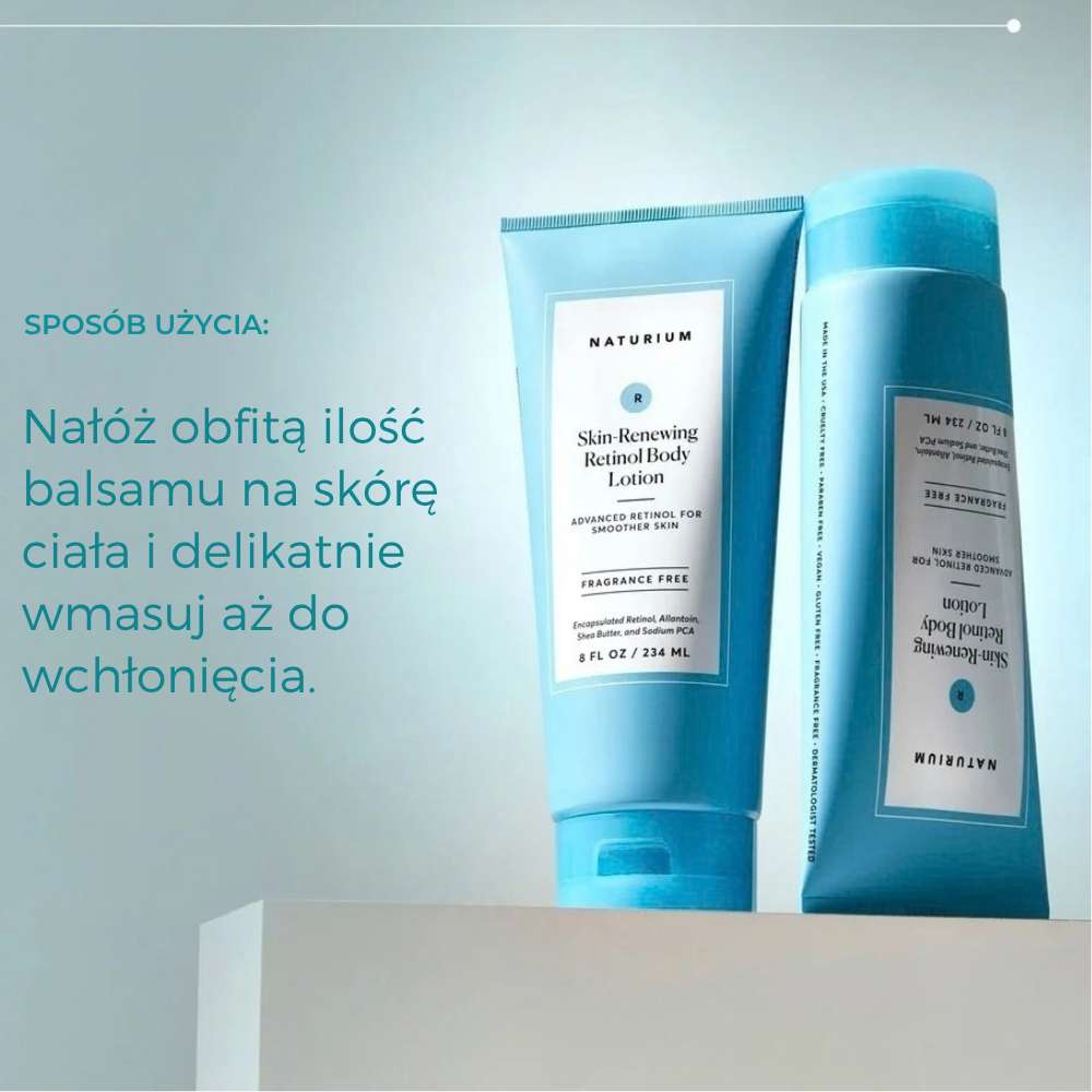 Naturium Skin Renewing Retinol Body Lotion (4) Naturium Skin-Renewing Retinol Body Lotion - instrukcja stosowania balsamu do ciała z retinolem: nałożyć obfitą ilość na skórę ciała i delikatnie wmasować aż do wchłonięcia.