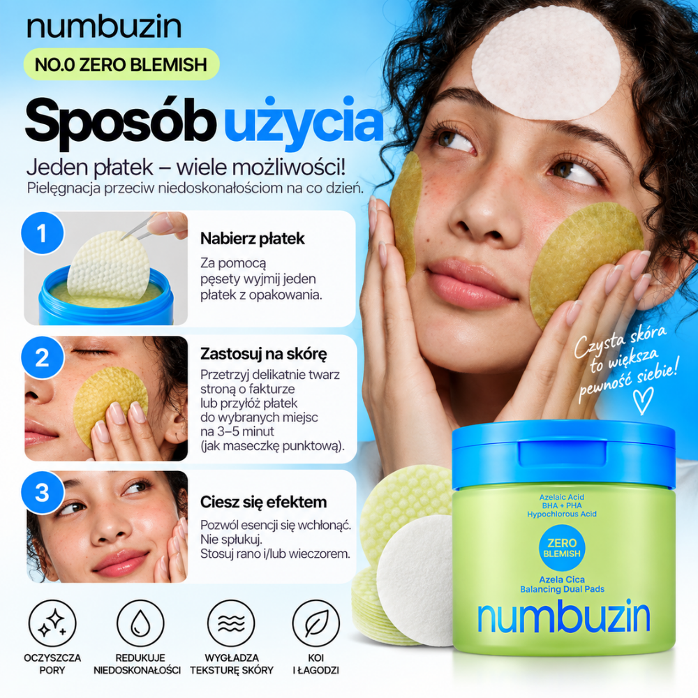 Numbuzin Zero Blemish Balancing Pads - dwustronne płatki dla zrównoważonej cery (3) Numbuzin No.0 Zero Blemish Azela Cica Balancing Dual Pads - grafika ze sposobem użycia dwustronnych płatków do pielęgnacji skóry problematycznej i skłonnej do niedoskonałości.