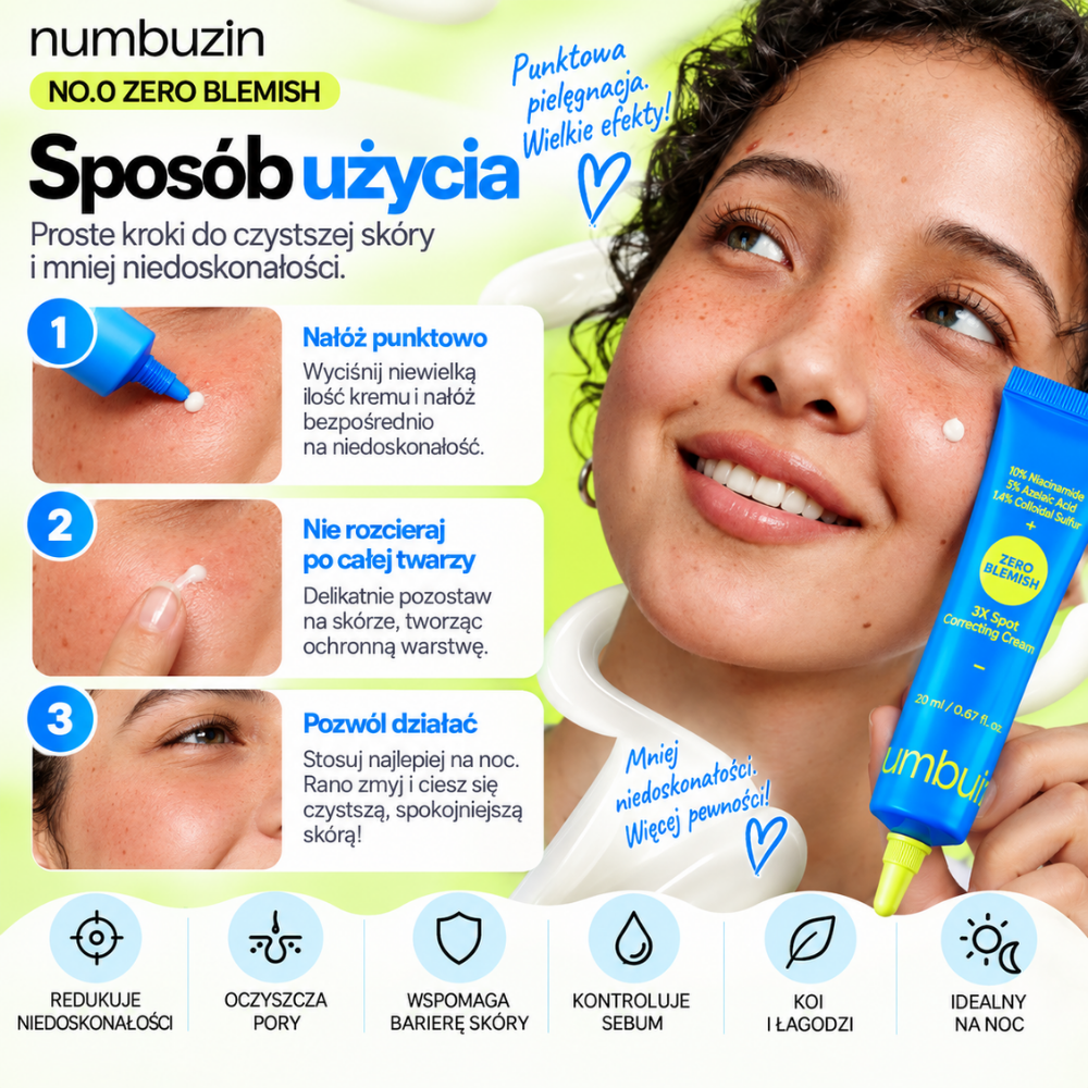 Numbuzin Zero Blemish Spot Correcting Cream - punktowy krem na niedoskonałości (3) Numbuzin No.0 Zero Blemish 3X Spot Correcting Cream - instrukcja stosowania kremu punktowego na wypryski, od aplikacji na niedoskonałość po pozostawienie produktu na skórze na noc.