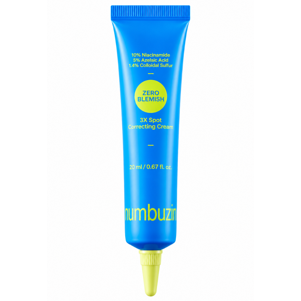 Numbuzin Zero Blemish Spot Correcting Cream - punktowy krem na niedoskonałości Numbuzin No.0 Zero Blemish 3X Spot Correcting Cream 20 ml - niebieska tubka punktowego kremu na niedoskonałości na białym tle.