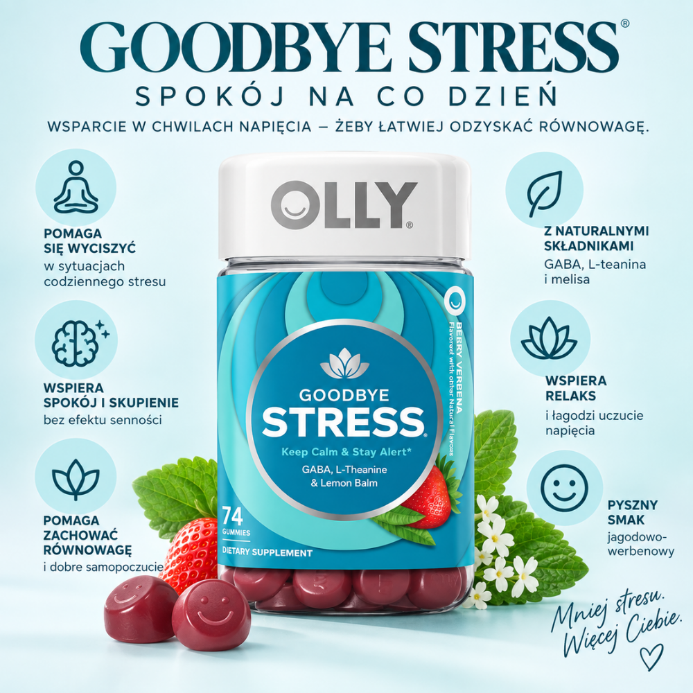 OLLY Goodbye Stress-2 OLLY Goodbye Stress - suplement diety w żelkach z GABA, L-teaniną i melisą, wspierający wyciszenie, relaks, koncentrację i codzienną równowagę, o smaku jagodowo-werbenowym.