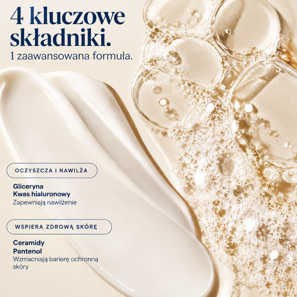 Remedy Cream To Foam Cleanser with Ceramides - czysta przyjemność (3) REMEDY Cream-to-Foam Cleanser with Ceramides - grafika przedstawiająca kluczowe składniki formuły: glicerynę, kwas hialuronowy, ceramidy i pantenol, które wspierają nawilżenie oraz barierę ochronną skóry.