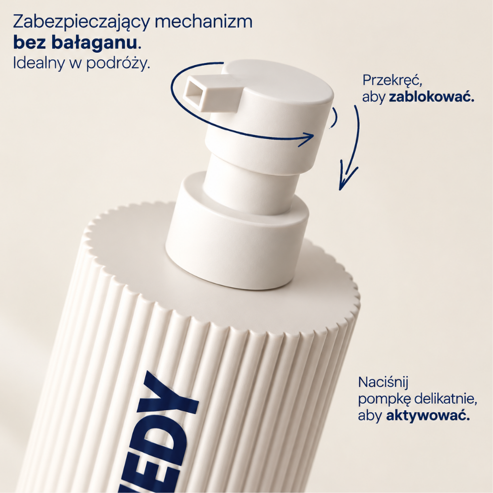 Remedy Cream To Foam Cleanser with Ceramides - czysta przyjemność (4) REMEDY Cream-to-Foam Cleanser with Ceramides - zbliżenie na blokowaną pompkę z mechanizmem przekręcania, zabezpieczającym produkt przed przypadkowym wyciśnięciem podczas podróży.