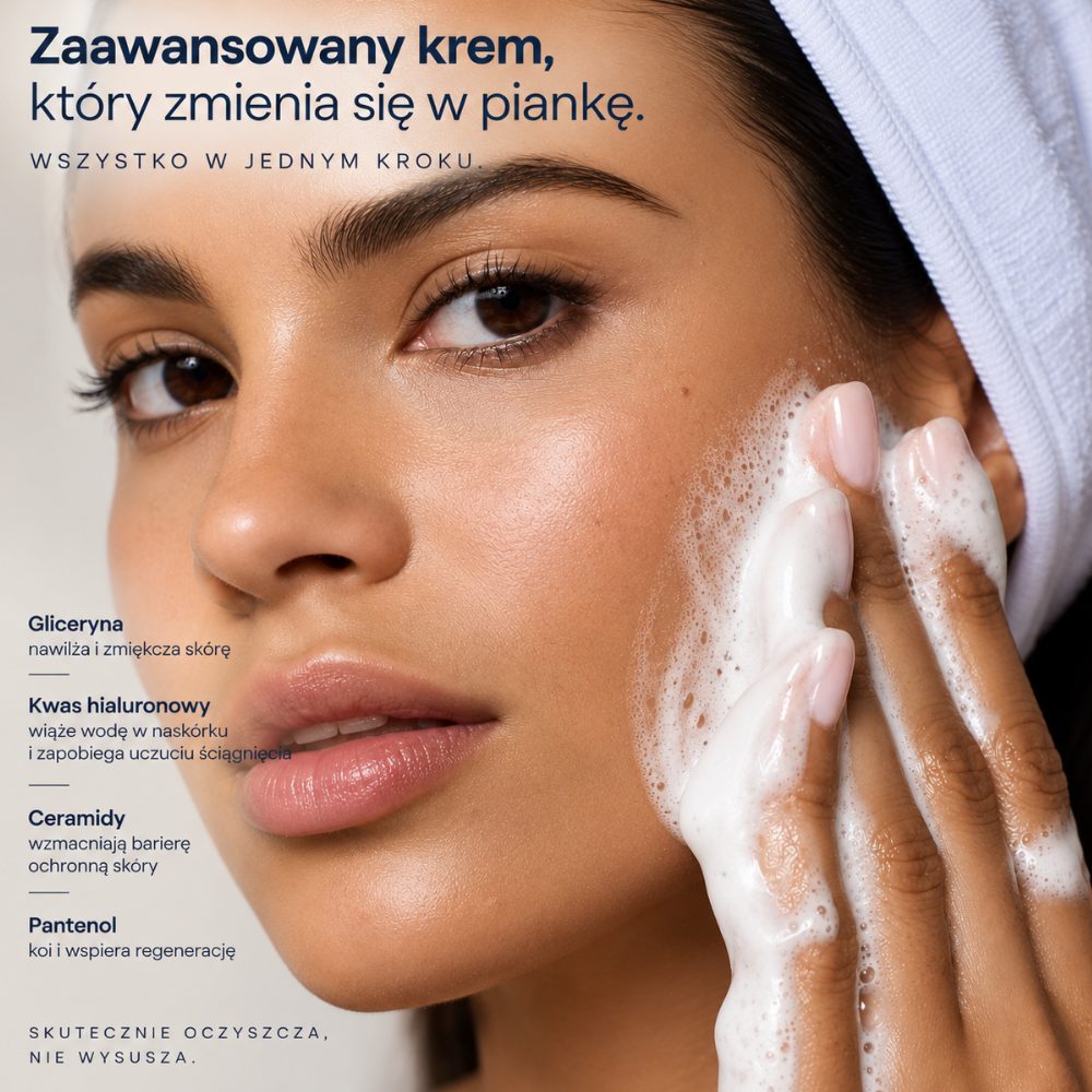 Remedy Cream To Foam Cleanser with Ceramides - czysta przyjemność (5) REMEDY Cream-to-Foam Cleanser with Ceramides - kremowy preparat zmieniający się w delikatną piankę podczas mycia twarzy, z gliceryną, kwasem hialuronowym, ceramidami i pantenolem wspierającymi nawilżenie oraz barierę ochronną skóry.