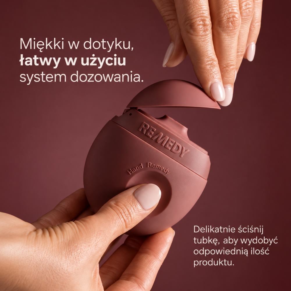 Remedy Science Hand & Cuticle Repairing Butter Cream With Retinol - masełko młodości (2) REMEDY Hand Remedy - krem do rąk i skórek w kompaktowym opakowaniu z wygodnym systemem dozowania, pokazany podczas aplikacji.