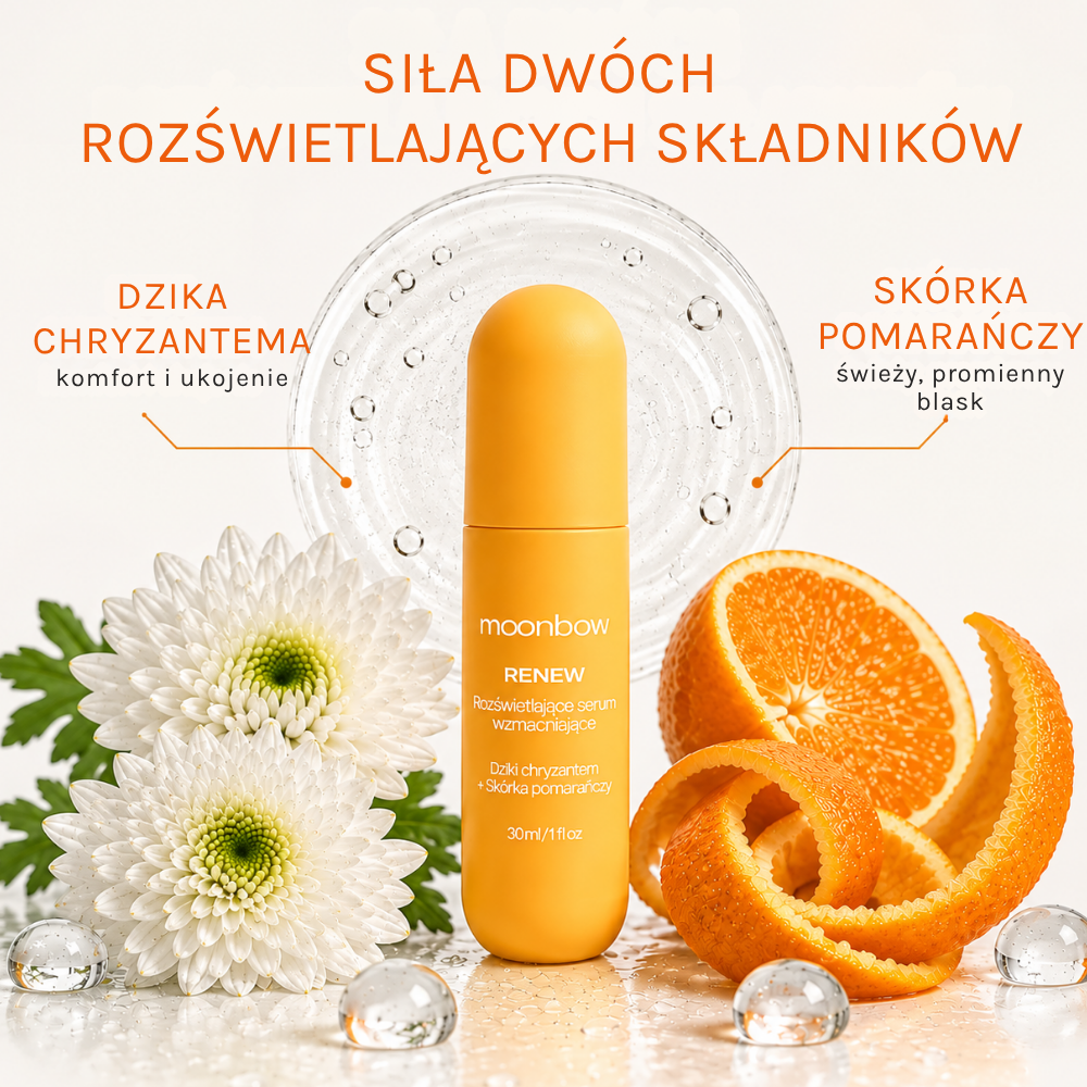 Renew Brightening Boosting Serum (2) Moonbow Renew Brightening Boosting Serum - rozświetlające serum z dzikim chryzantemem i skórką pomarańczy, wspierające promienny i bardziej jednolity wygląd cery.